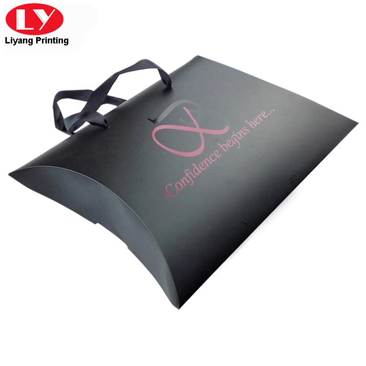 Large black hair extension packaging pillow box with ribbon handle