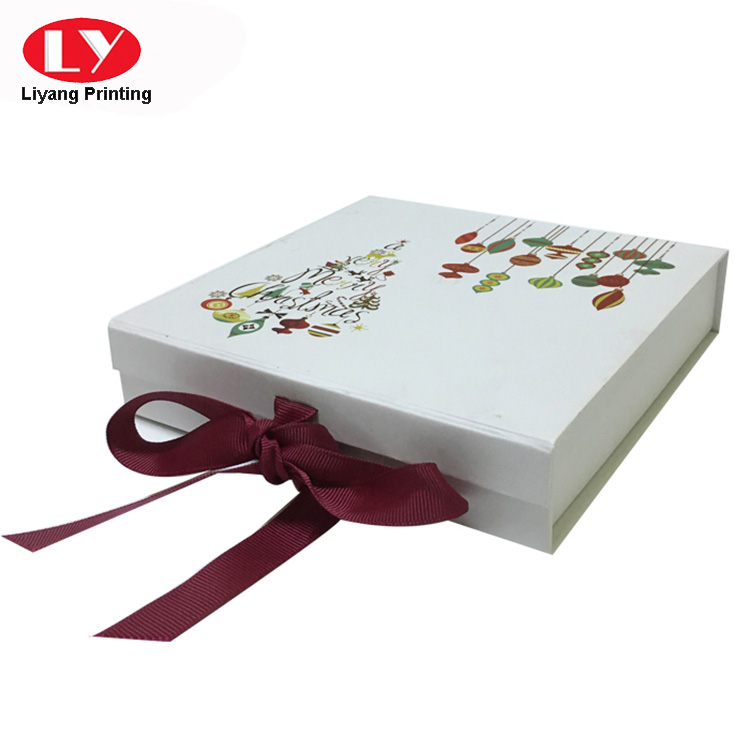 Christmas Printed magnetic flat pack gift box with ribbon closure