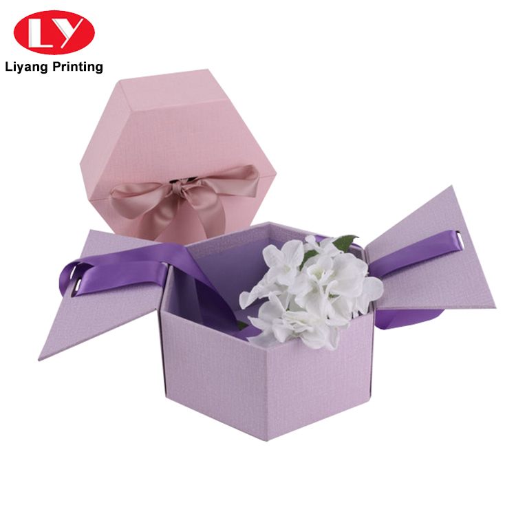Hexagonal Shape Custom Rigid Flower Packaging Box with Ribbon Closure